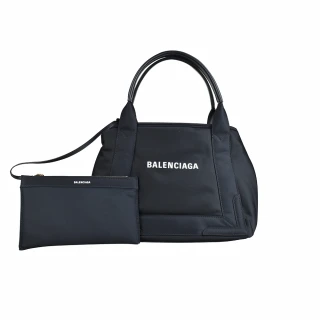 【Balenciaga 巴黎世家】CABAS經典LOGO標誌皮革相飾尼龍手提子母包(S/黑x白)