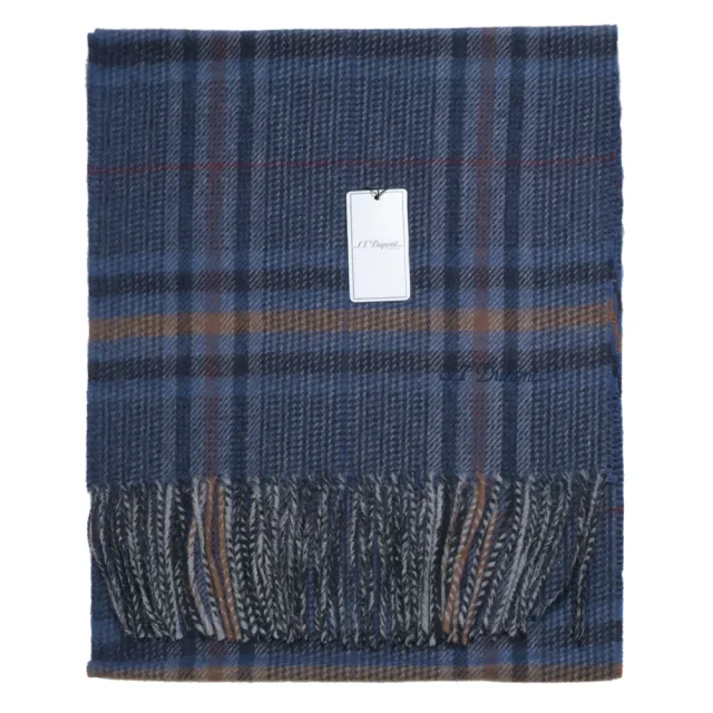 【S.T.Dupont】刺繡LOGO細格紋混紡羊駝毛流蘇圍巾(深藍色)