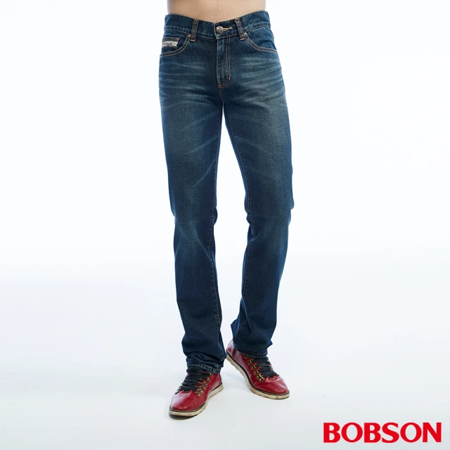 【BOBSON】男款低腰貓鬚刷白直筒褲(藍1802-53)