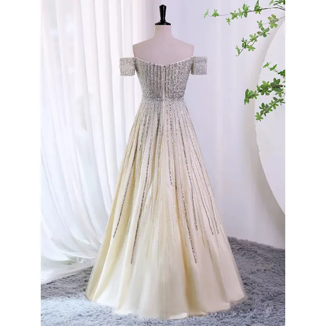 【女神婚紗禮服】高端氣質香檳金一字肩宴會晚禮服 PLGZ-1313一字肩(婚宴服 主持人)