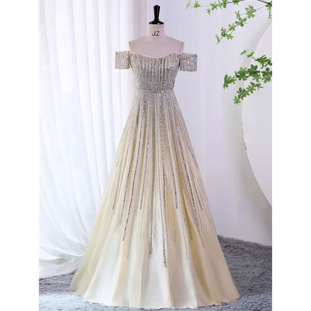 【女神婚紗禮服】高端氣質香檳金一字肩宴會晚禮服 PLGZ-1313一字肩(婚宴服 主持人)