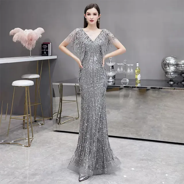 【女神婚紗禮服】高端時尚性感魚尾宴會晚禮服 PLGZ-118 1979銀灰色(頒獎禮服 晚宴服)