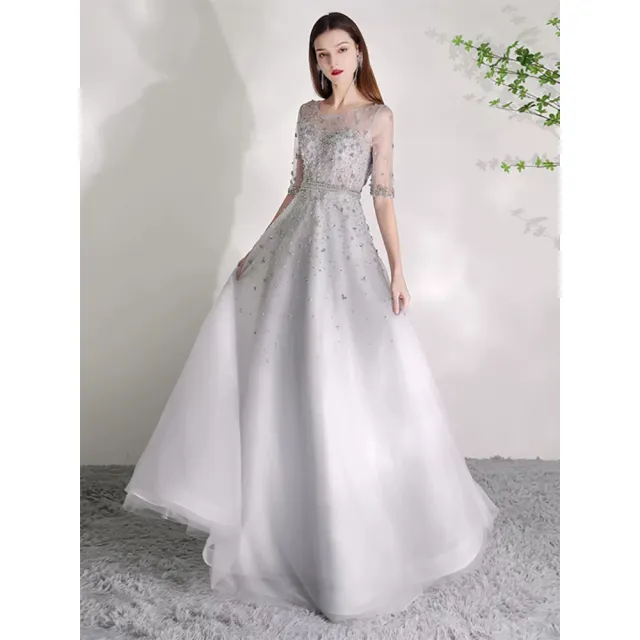 【女神婚紗禮服】高端藍灰色氣質輕奢宴會晚禮服 PLGZ-1328(派對 旅拍)