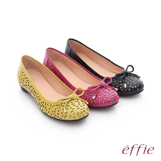【effie】都會舒適 全真皮鏤空金箔蝴蝶結飾平底鞋(黃)