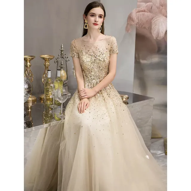 【女神婚紗禮服】高端金色法式長款宴會晚禮服 PLGZ-23 1984灰色(訂婚禮服 敬酒服)