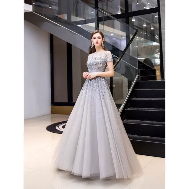【女神婚紗禮服】高端金色法式長款宴會晚禮服 PLGZ-23 1984灰色(訂婚禮服 敬酒服)