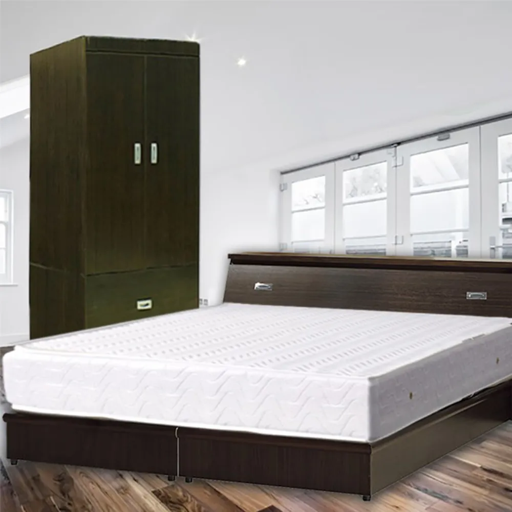 【品生活】經典優質四件式房間組2色可選-雙人(床頭+床底+衣櫥+獨立筒)