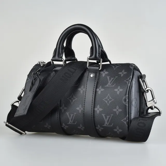 【Louis Vuitton 路易威登】KEEPALL BANDOULIERE 25經典花紋波士頓手提斜背包(灰黑)