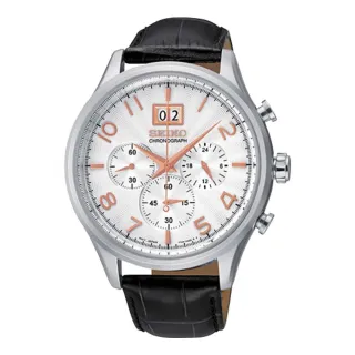 【SEIKO 精工】送禮首選_三眼計時_皮革錶帶_強化玻璃鏡面_日期顯示_防水_男錶(SPC087P1)