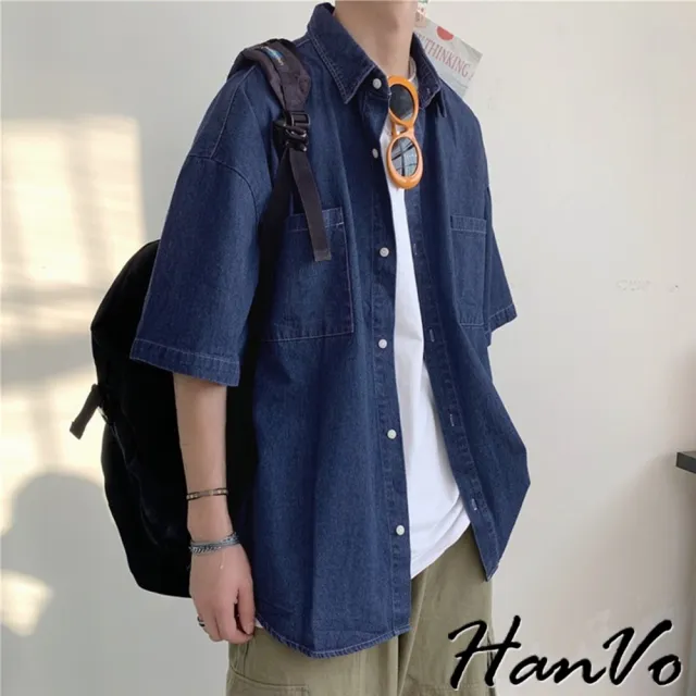 【HanVo】現貨 男款休閒寬鬆牛仔短袖襯衫(舒適透氣潮流復古工裝上衣 韓版夏季T恤 男生衣著 B1016)