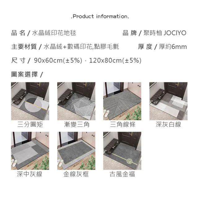 【聚時柚】深灰系落塵吸水90*60cm玄關腳踏墊(水晶絨印花地墊)