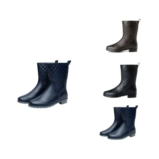 【Alberta】亮面質感菱形格紋造型 中筒低跟粗跟雨靴 下雨天防潑水 氣質淑女必備