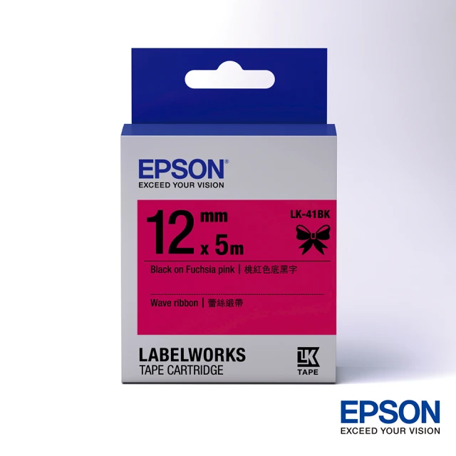 【EPSON】標籤帶 蕾絲緞帶粉紅色底黑字/12mm(LK-41BK)