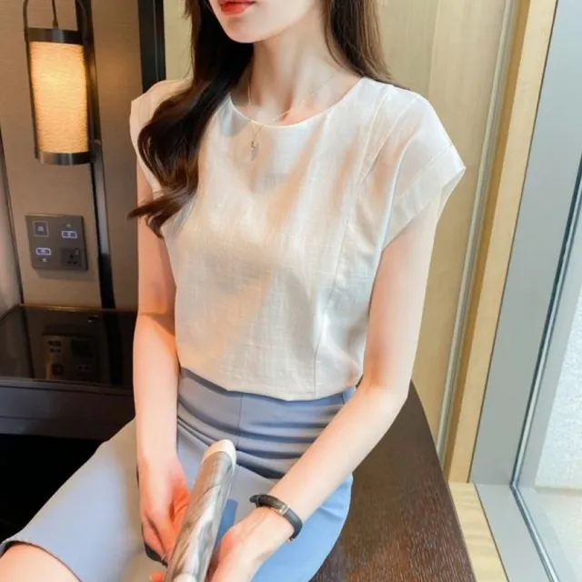 【baibeauty 白鳥麗子】簡約素色壓紋棉麻連肩袖背心上衣(背心)
