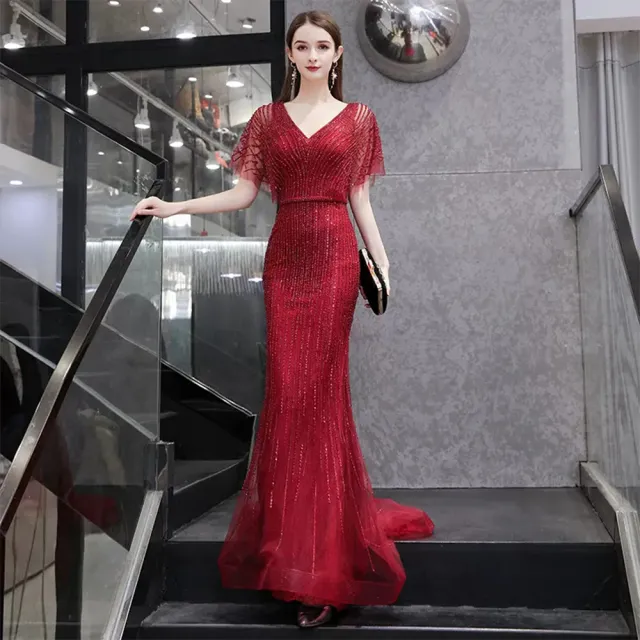 【女神婚紗禮服】高端精美縫珠夢幻優雅魚尾宴會晚禮服 PLGZ-132(訂婚禮服 晚宴服)