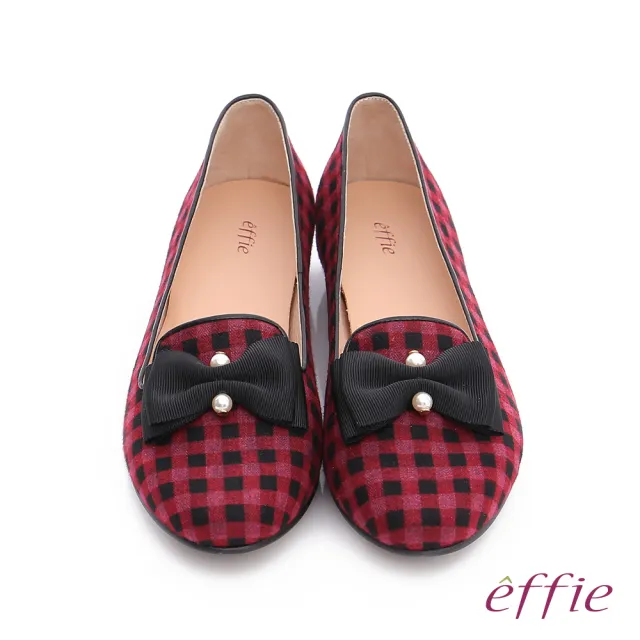 【effie】都會舒適 全真皮豔彩格紋拼接珍珠蝴蝶低跟鞋(紫紅)