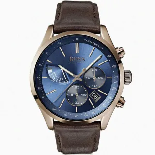 【BOSS】BOSS手錶型號HB1513604(寶藍色錶面玫瑰金錶殼咖啡色真皮皮革錶帶款)