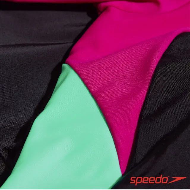 【SPEEDO】女 運動短袖連身泳裝 Colourblock(黑/粉紫/綠)