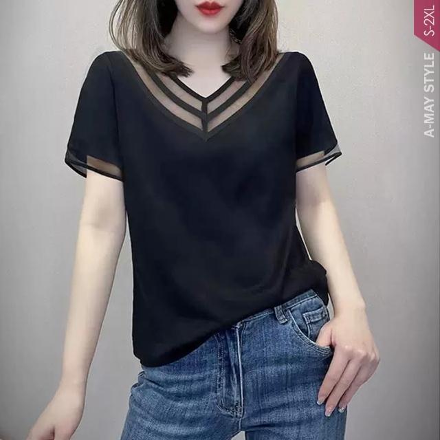 【Amay Style 艾美時尚】中大尺碼女裝 T恤 優雅V領網紗拼接短袖上衣。S-4XL(黑.預購)