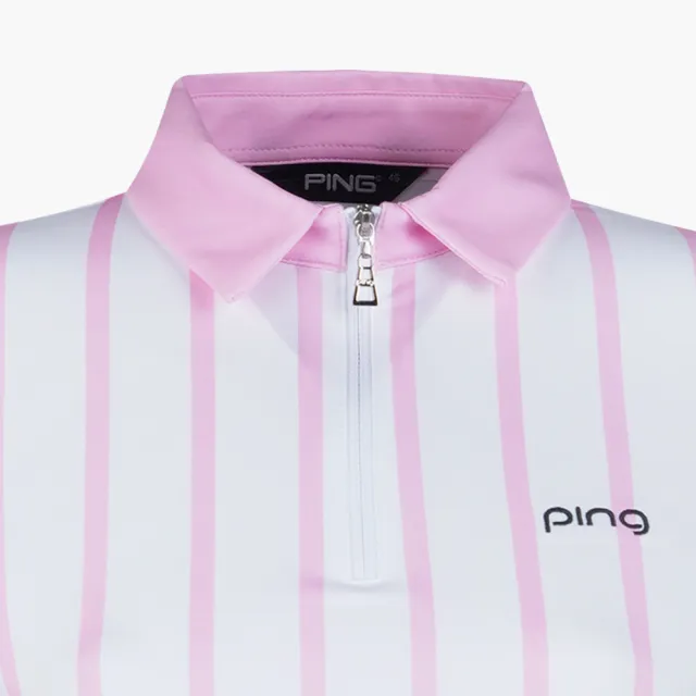 【PING】女款直條短袖POLO衫-粉紅(吸濕排汗/GOLF/高爾夫球衫/RA23108-15)