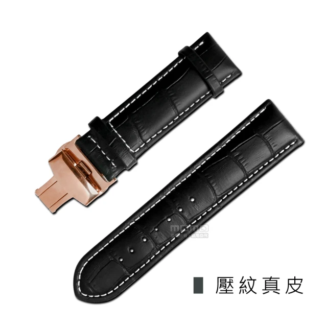 【Watchband】經典復刻時尚指標(壓紋真皮雙邊壓扣錶帶 黑x白x玫瑰金扣)