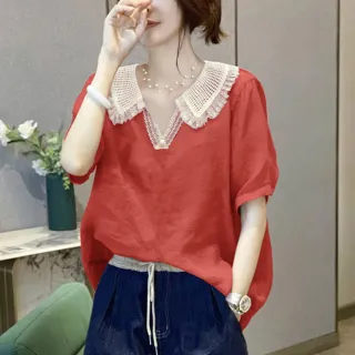 【MsMore】桔紅色拼接蕾絲荷葉V領短袖寬鬆短版上衣#118098(橘)