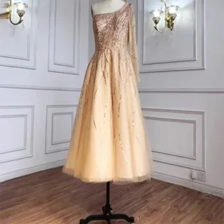 【女神婚紗禮服】高端多色中長款單肩奢華大氣宴會晚禮服 LA71021 金色(晚宴服 派對)