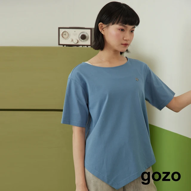 【gozo】gozo金屬標不規則下擺五分袖T恤(藍色)