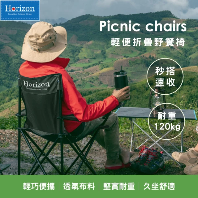 【Horizon 天際線】免安裝輕便折疊野餐露營椅(有側置物袋/椅子收納袋)