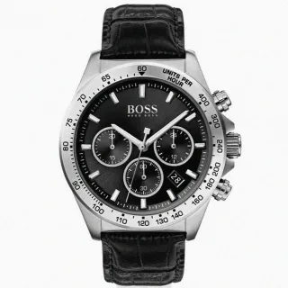 【BOSS】BOSS手錶型號HB1513752(黑色錶面銀錶殼深黑色真皮皮革錶帶款)