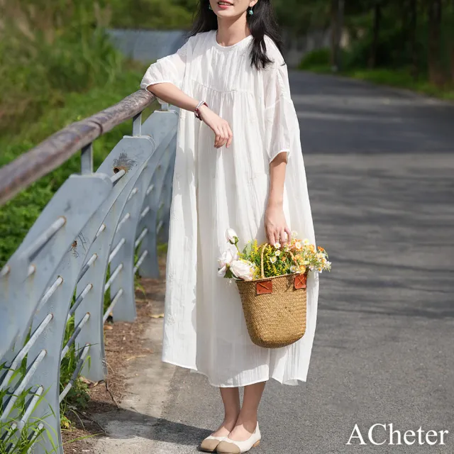 【ACheter】白色細皺肌理圓領苧麻感重工刺繡文藝大擺仙美五分袖連身裙長版洋裝#118270(白)