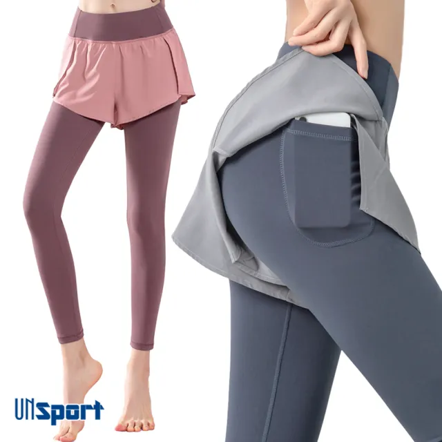【Un-Sport高機能】撞色顯瘦長腿比例假二件吸排長褲(瑜伽/健身/路跑)