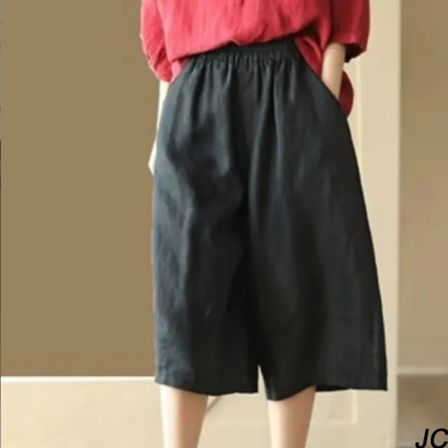 【JC Collection】質感亞麻舒適量感垂順優雅七分褲裙(黑色、灰色、卡其色、焦黃色)