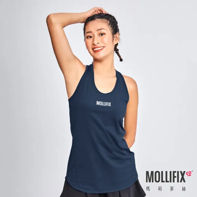 【Mollifix 瑪莉菲絲】後摺景垂墜拚色運動背心、瑜珈上衣、瑜珈服(丈青)