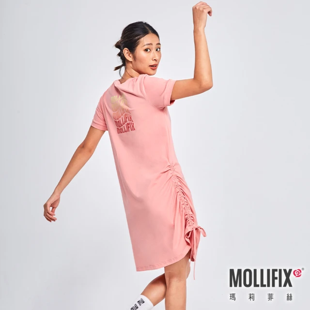 【Mollifix 瑪莉菲絲】活力LOGO側抽皺長版連身裙、瑜珈服、瑜珈裙、連身裙(橘粉)
