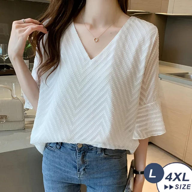 【LANNI 藍尼】●現貨出清 寬鬆優雅夏季半短袖雪紡襯衫(春夏/短袖/五分袖/V領/售完不補)