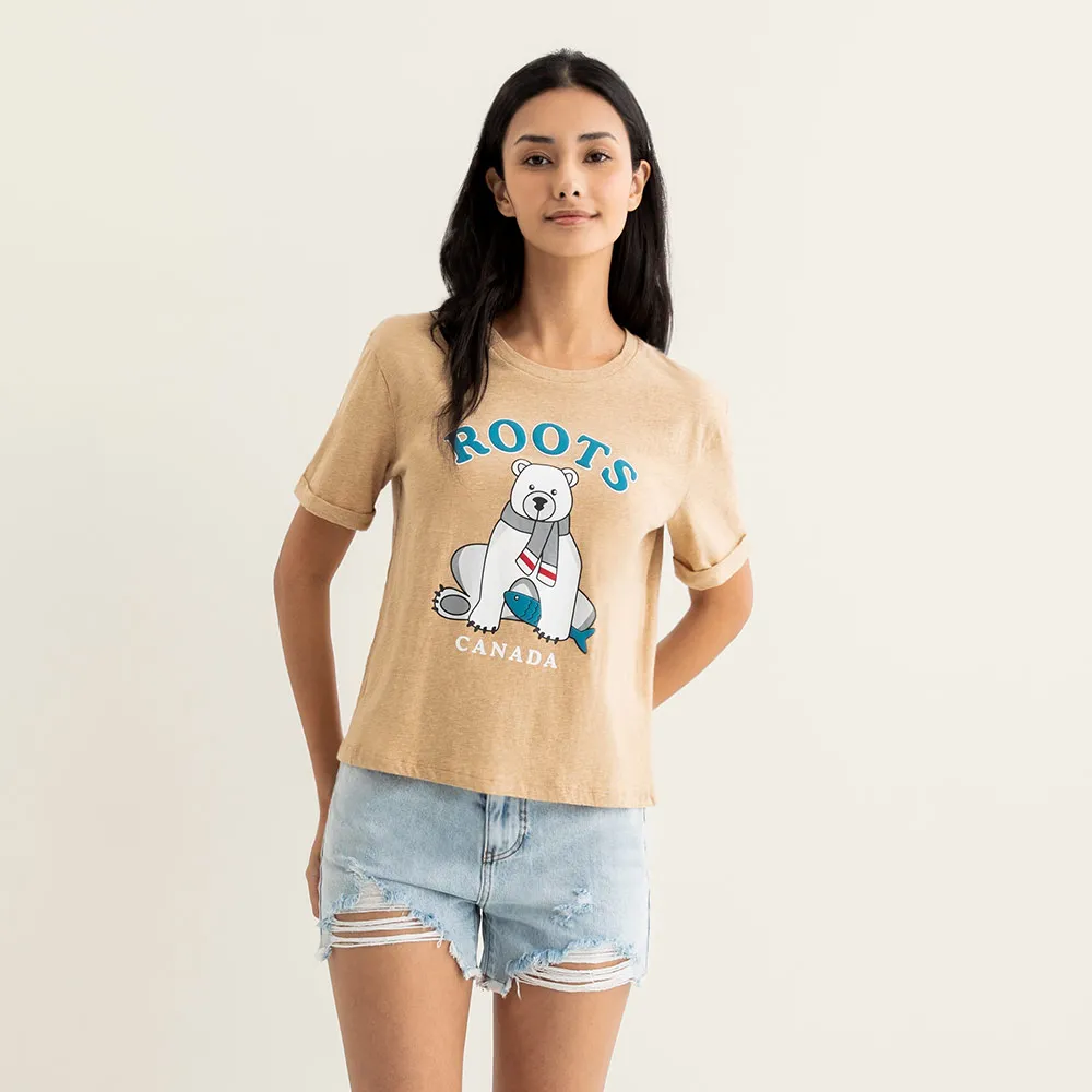 【Roots】Roots女裝-動物派對系列 布動物純棉短袖T恤(腰果色)
