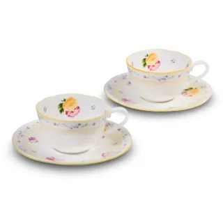 【NORITAKE】黃邊小花 骨瓷 咖啡紅茶兩用對杯(禮盒組)