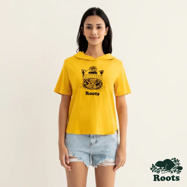 【Roots】Roots女裝-動物派對系列 毛帽貓咪純棉短袖連帽上衣(金黃色)