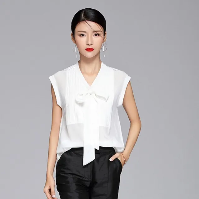 【BRIGA SILK-A534】BRIGA SILK-A534 設計師百搭氣質蝴蝶結飄帶真絲無袖白襯衫(SILK-A534)