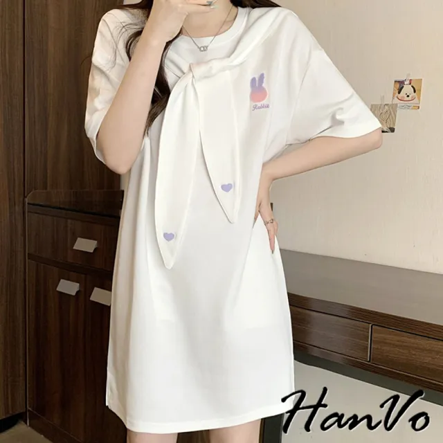 【HanVo】現貨 可愛兔耳披肩短袖中長版洋裝(韓系休閒寬鬆舒適連衣裙 嚴選棉料 韓系女裝 女生衣著 A06-3655)