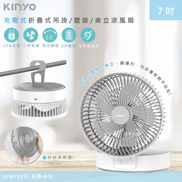 【KINYO】充插二用7吋USB充電風扇/折疊風扇/壁掛扇/桌扇/UF-8625(LED氣氛燈)