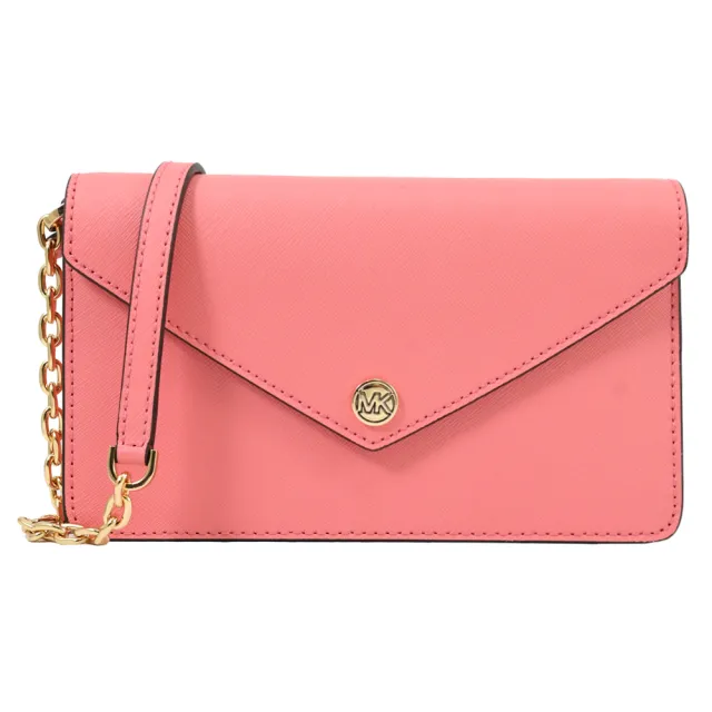 【Michael Kors】簡約WOC圓標LOGO翻蓋信封造型手拿包錬包斜背包(粉)
