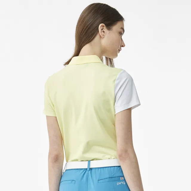 【PING】女款拼色短袖POLO衫-黃(吸濕排汗/抗UV/GOLF/高爾夫球衫/RA23110-33)