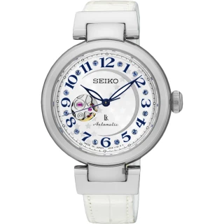 【SEIKO】精工 LUKIA 星月鏤空機械女錶-銀x白色錶帶/34mm(4R38-01L0W  SSA825J1)