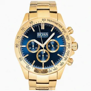 【BOSS】BOSS手錶型號HB1513340(寶藍色錶面金色錶殼金色精鋼錶帶款)