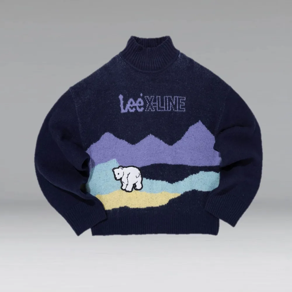 【Lee 官方旗艦】女裝 針織毛衣 高領 北極熊 系列LOGO 海軍藍  季節性版型 / X-LINE 系列(LL220450742)