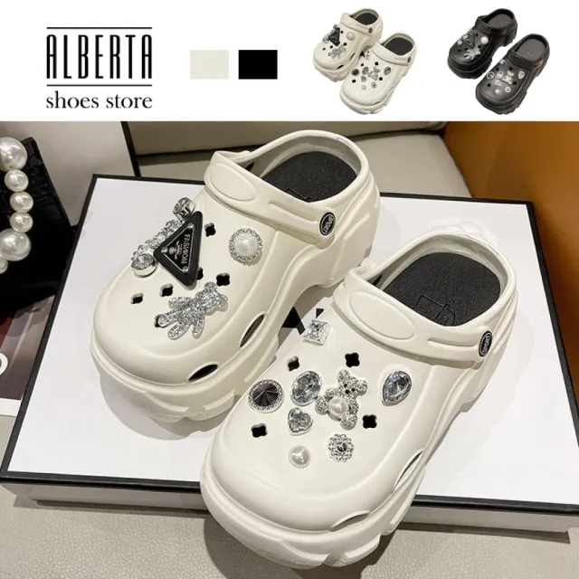 【Alberta】洞洞鞋 拖鞋 涼鞋 自由搭配水鑽扣飾兩穿厚底6.5cm防水涼拖鞋
