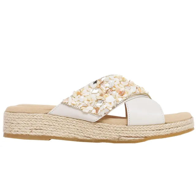 【Ann’S】水洗牛皮-3cm小心機厚底！「訂製貝殼顯瘦交叉V口」草編圓頭涼鞋(米白)