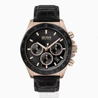 【BOSS】BOSS手錶型號HB1513753(黑色錶面玫瑰金錶殼深黑色真皮皮革錶帶款)